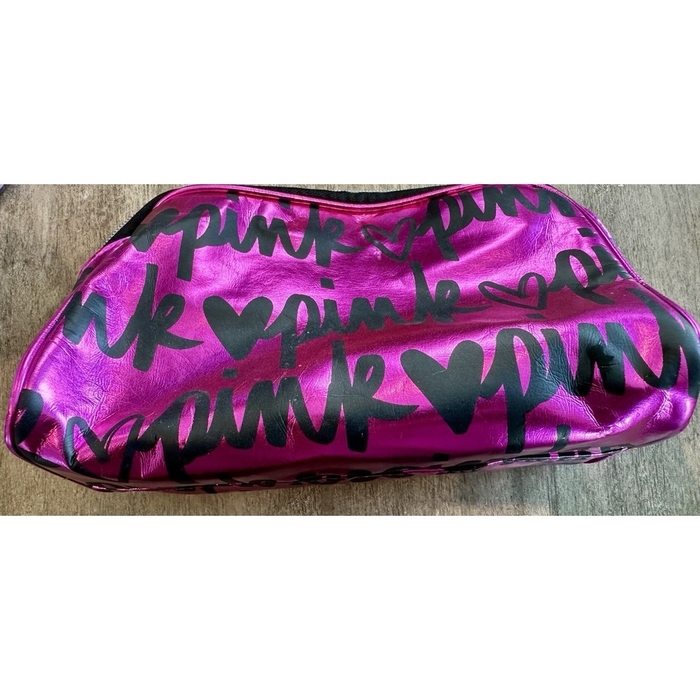 Rare! Victoria's Secret Black & Pink Cosmetic Bag Zip Travel Purse Toiletry Pack